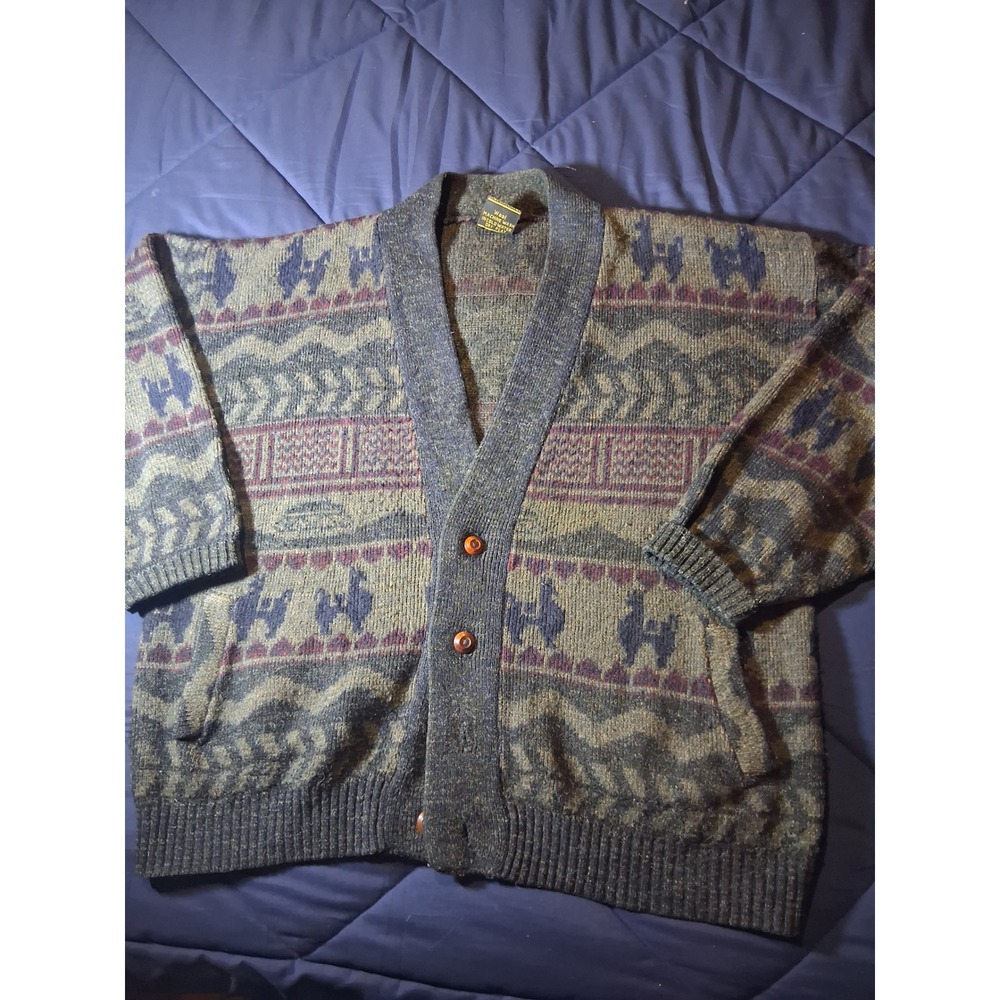 Tejidos Ruminahui Men Wool Llama Cardigan Sweater Otavalo Ecuador Shawl Grey XXL